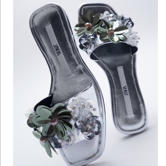 Zara Metallic Floral Appliqué Square Toe Sandals - Picture 2 of 11